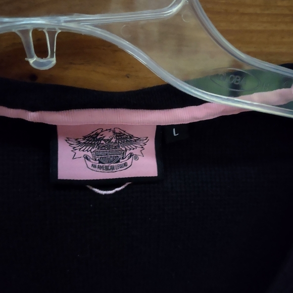 Harley Davidson Waffle Knit Scoop Neck Pullover Long Sleeve L Pink Black Cotton - Picture 3 of 10